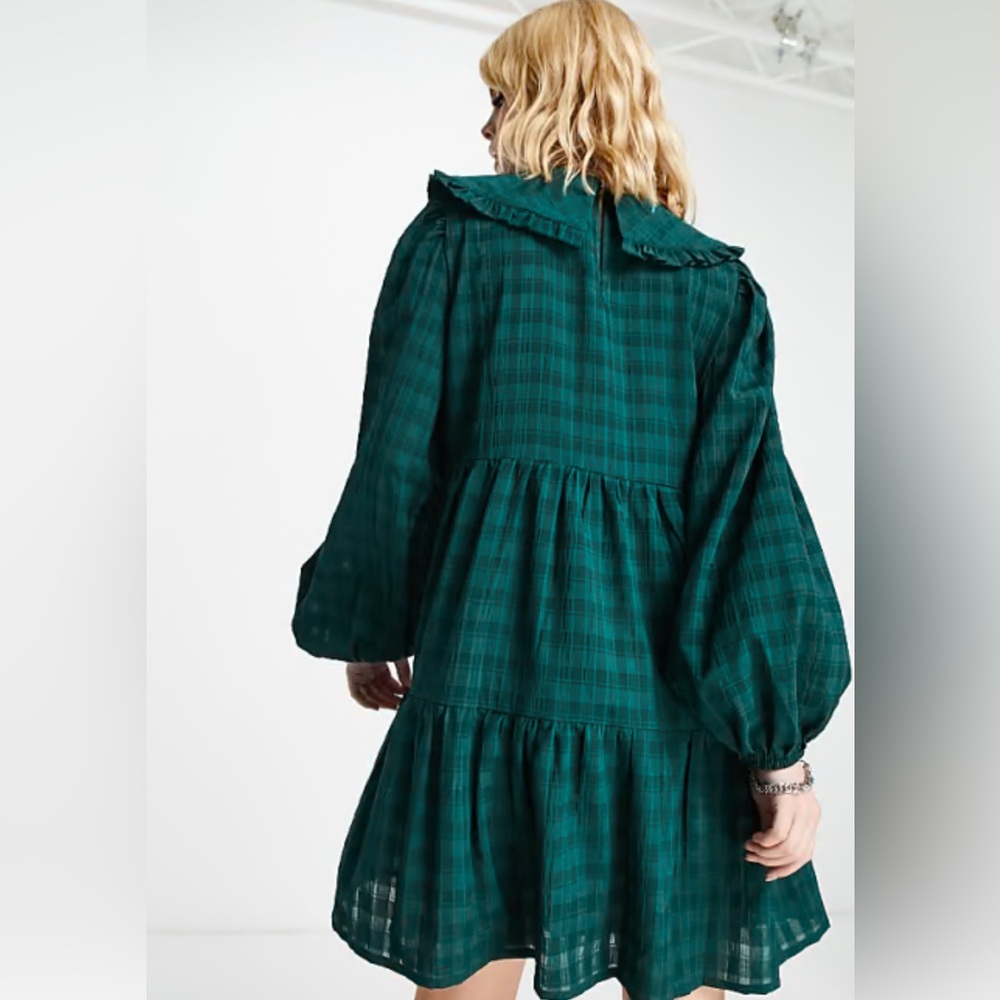 Violet Romance Green Plaid Collared Smock Tiered Mini Dress Size 8 - Picture 7 of 10